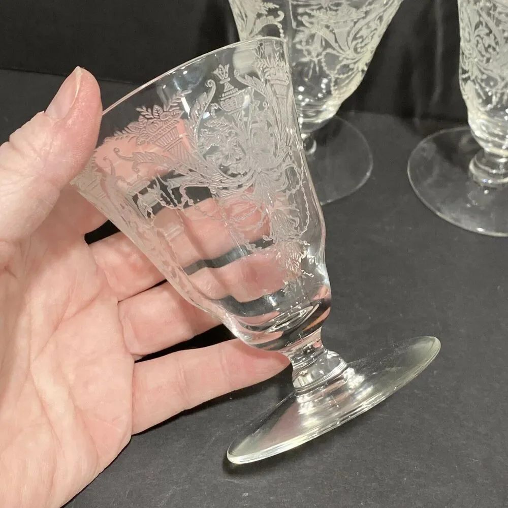 Morgantown etched crystal Milan pattern oyster cocktail glasses 1920's Art Deco